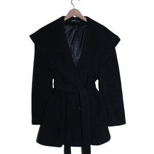 ELLEN TRACY Wool & Angora Belted Hooded Midi Wrap Coat in Black (Large)